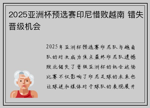 2025亚洲杯预选赛印尼惜败越南 错失晋级机会
